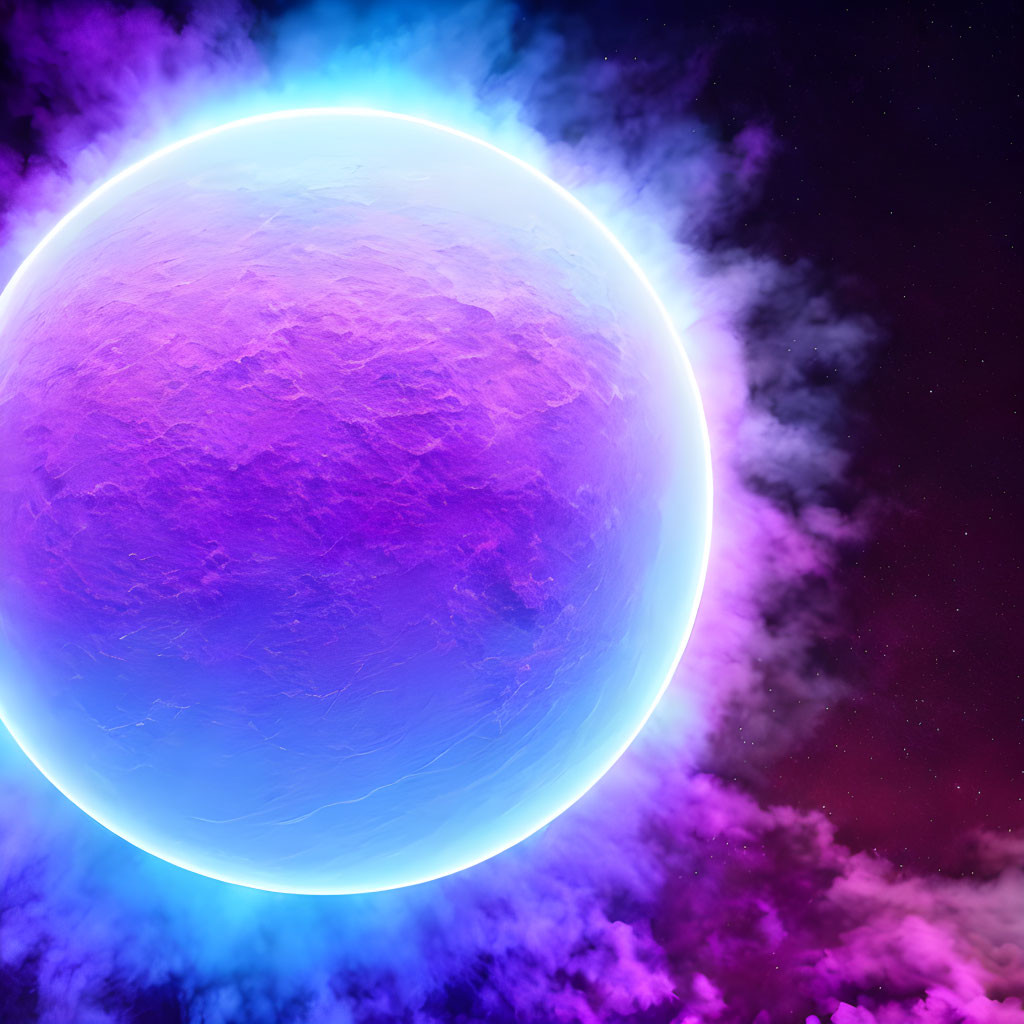 Colorful digital artwork: Purple planet with glowing blue atmosphere in cosmic setting