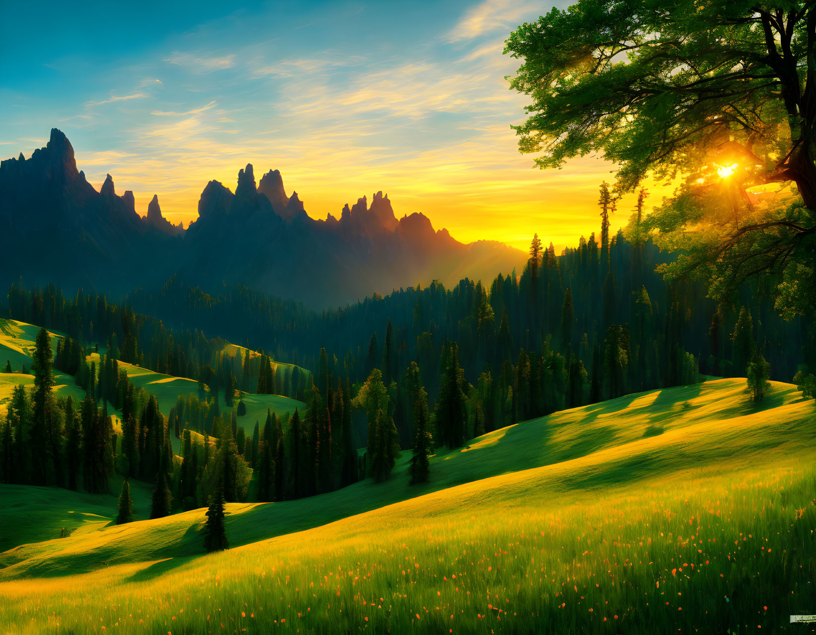 Scenic sunrise landscape with meadow, tree, and mountains