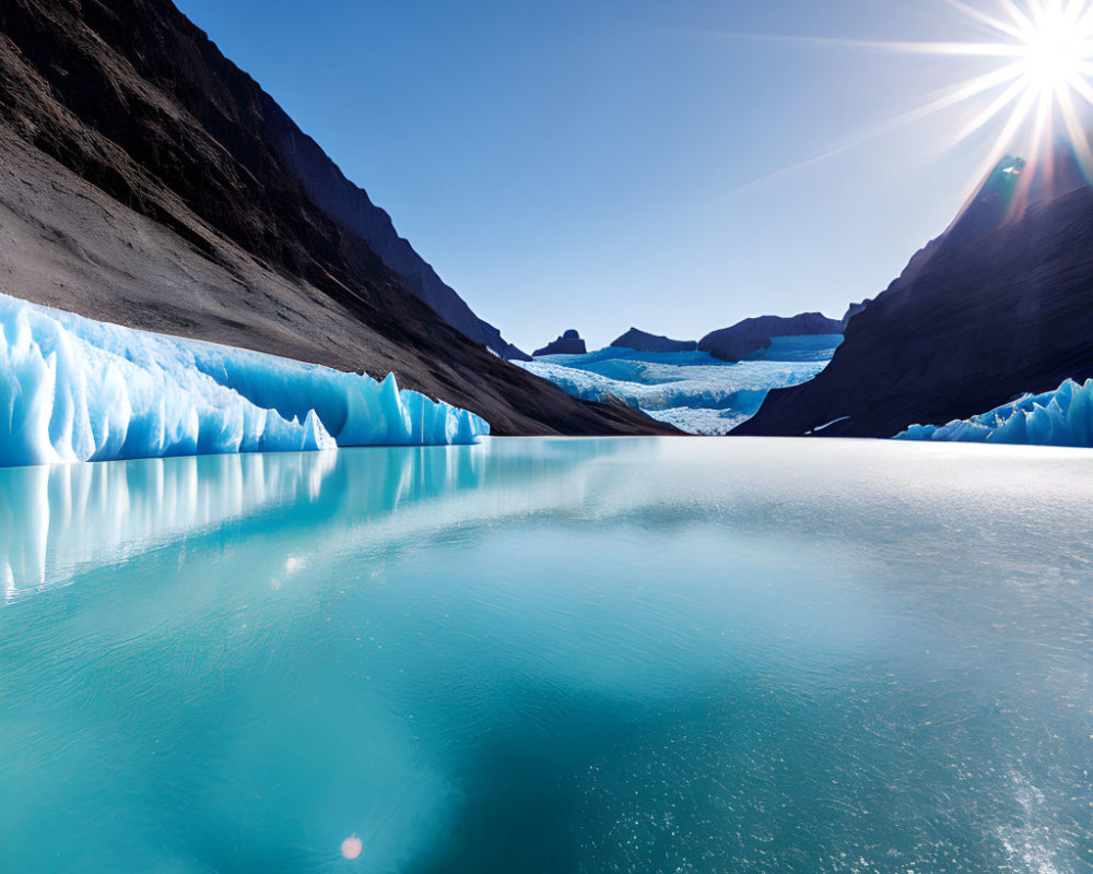 Serene glacial lake with vibrant blue icebergs and rugged mountains