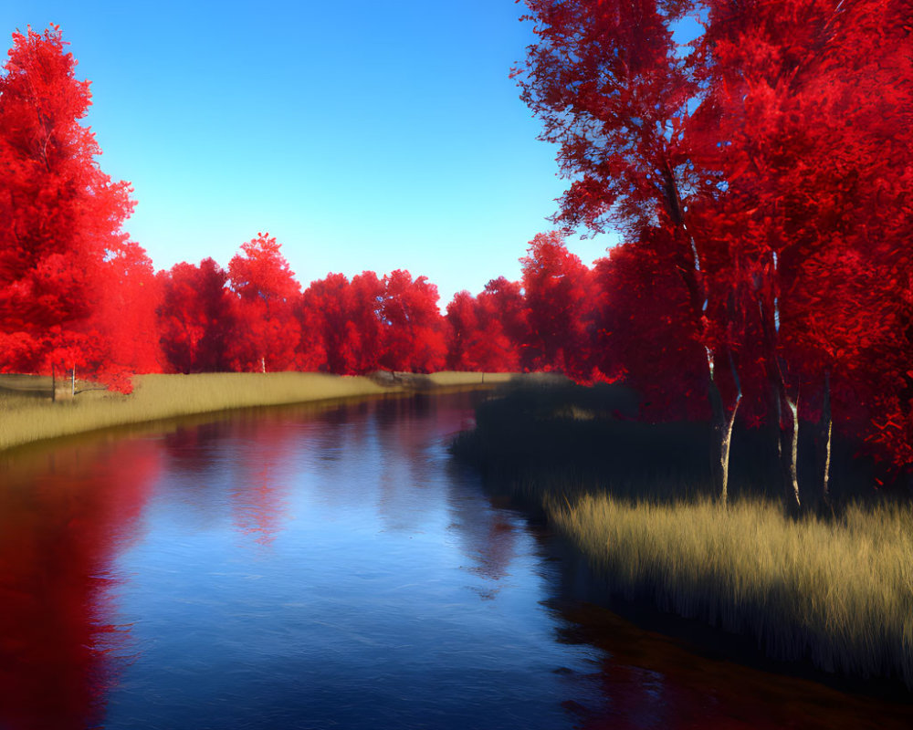 Tranquil river with red trees and blue sky