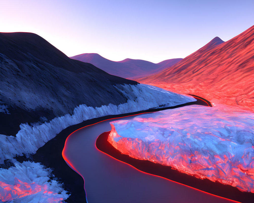 Surreal landscape with lava river in icy terrain
