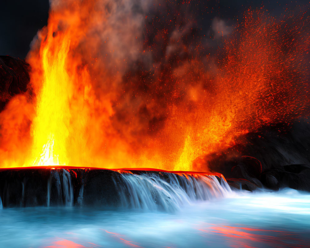 Volcanic eruption with lava and blue waterfall contrast