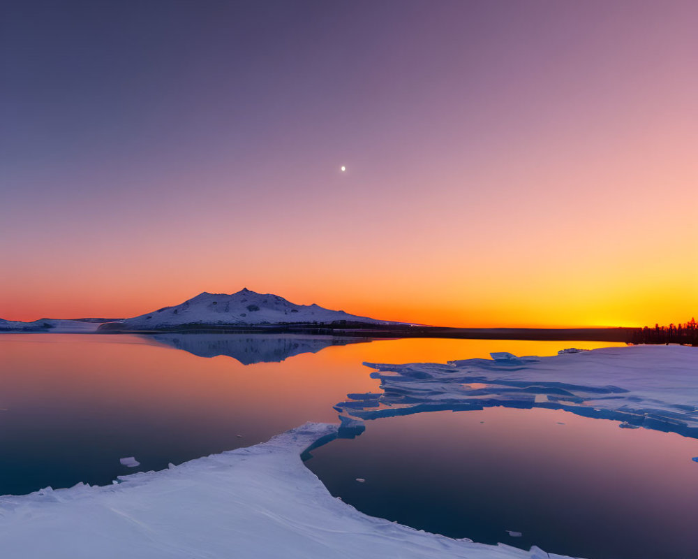 Tranquil twilight sky over icy lake with floating ice chunks