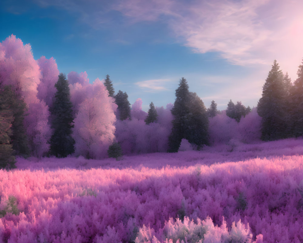 Vivid pink and purple flora under a soft blue sky landscape