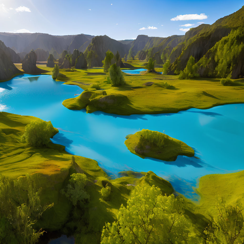 Scenic landscape with winding blue rivers and lush green hills