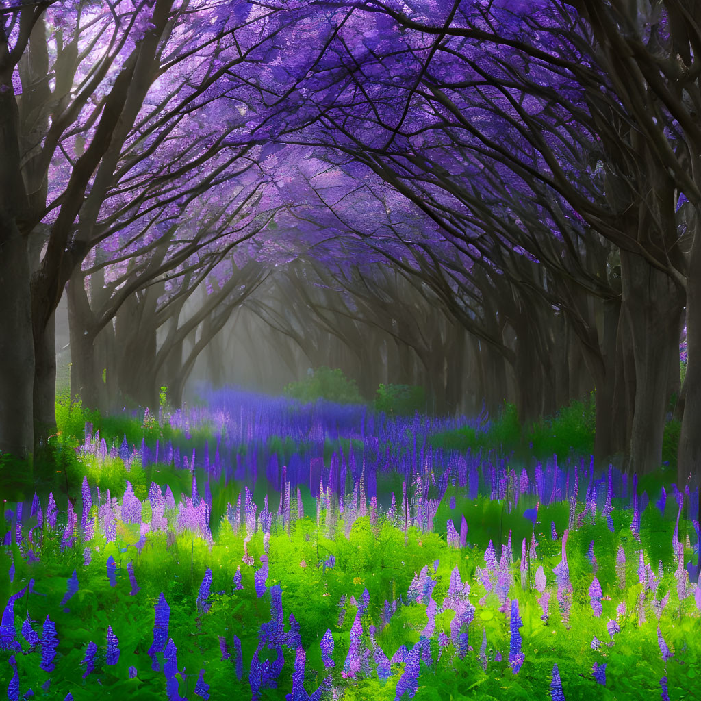 Mystical tree tunnel with purple blossoms and carpet of blue flowers