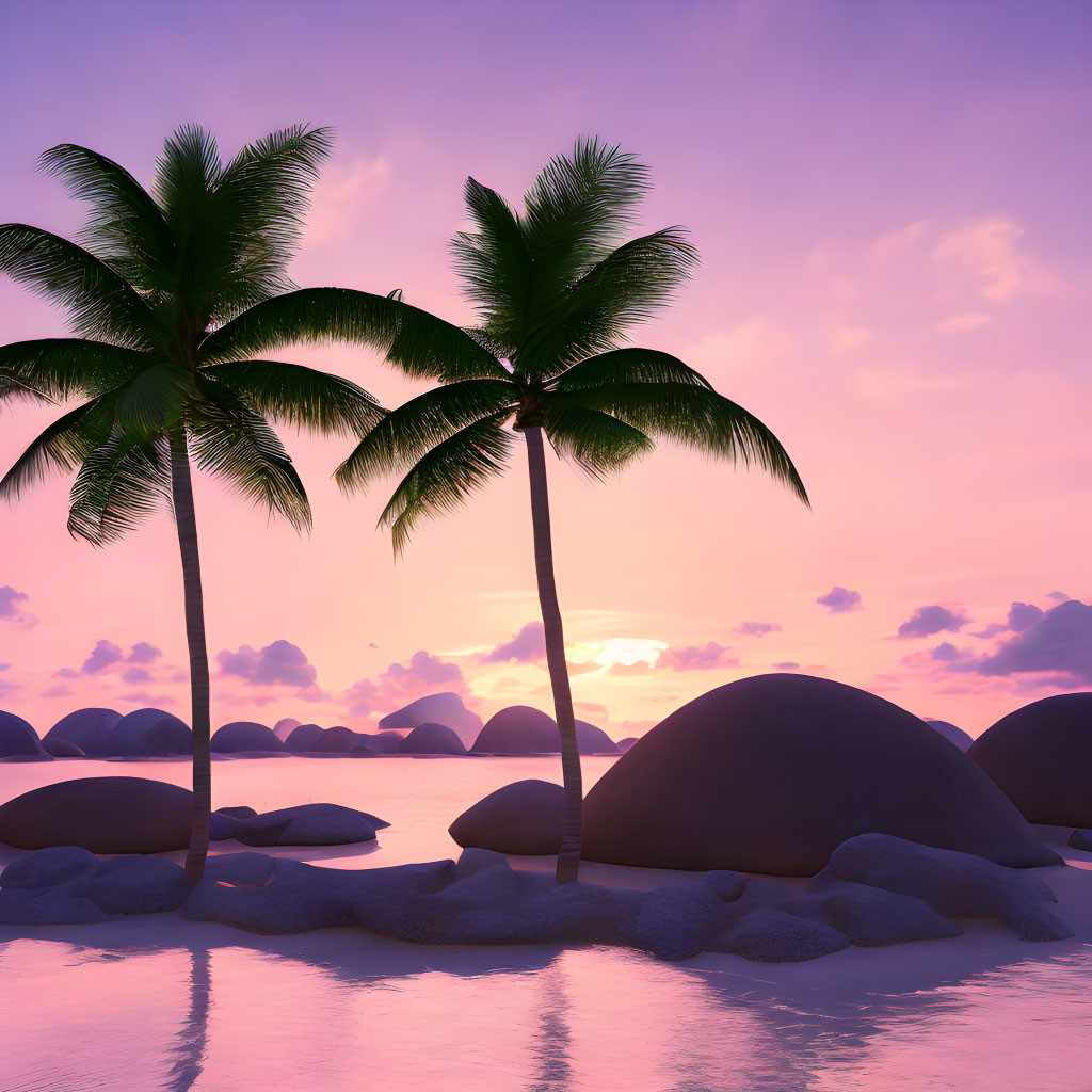 Tranquil shore with palm trees at sunset over calm sea