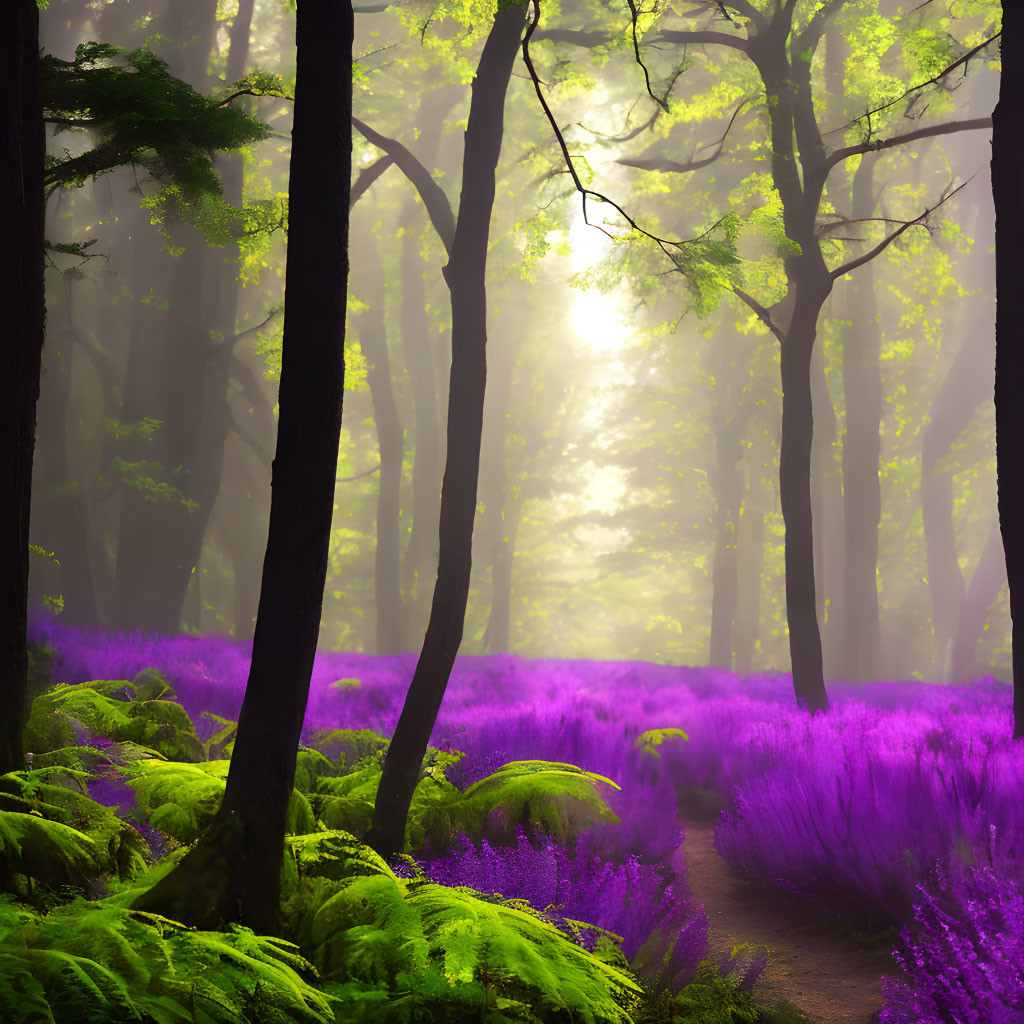 Misty forest path with purple flora and green ferns