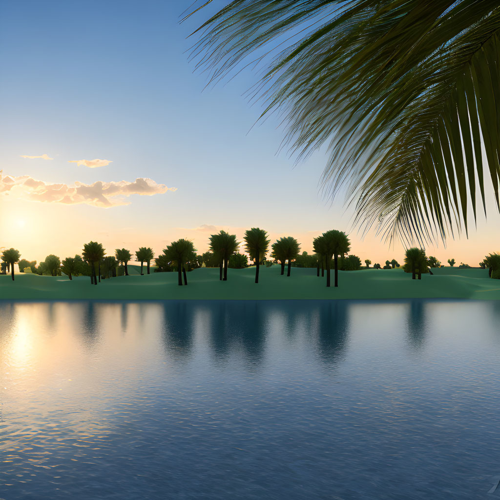 Tranquil lake sunset with palm trees and clear sky