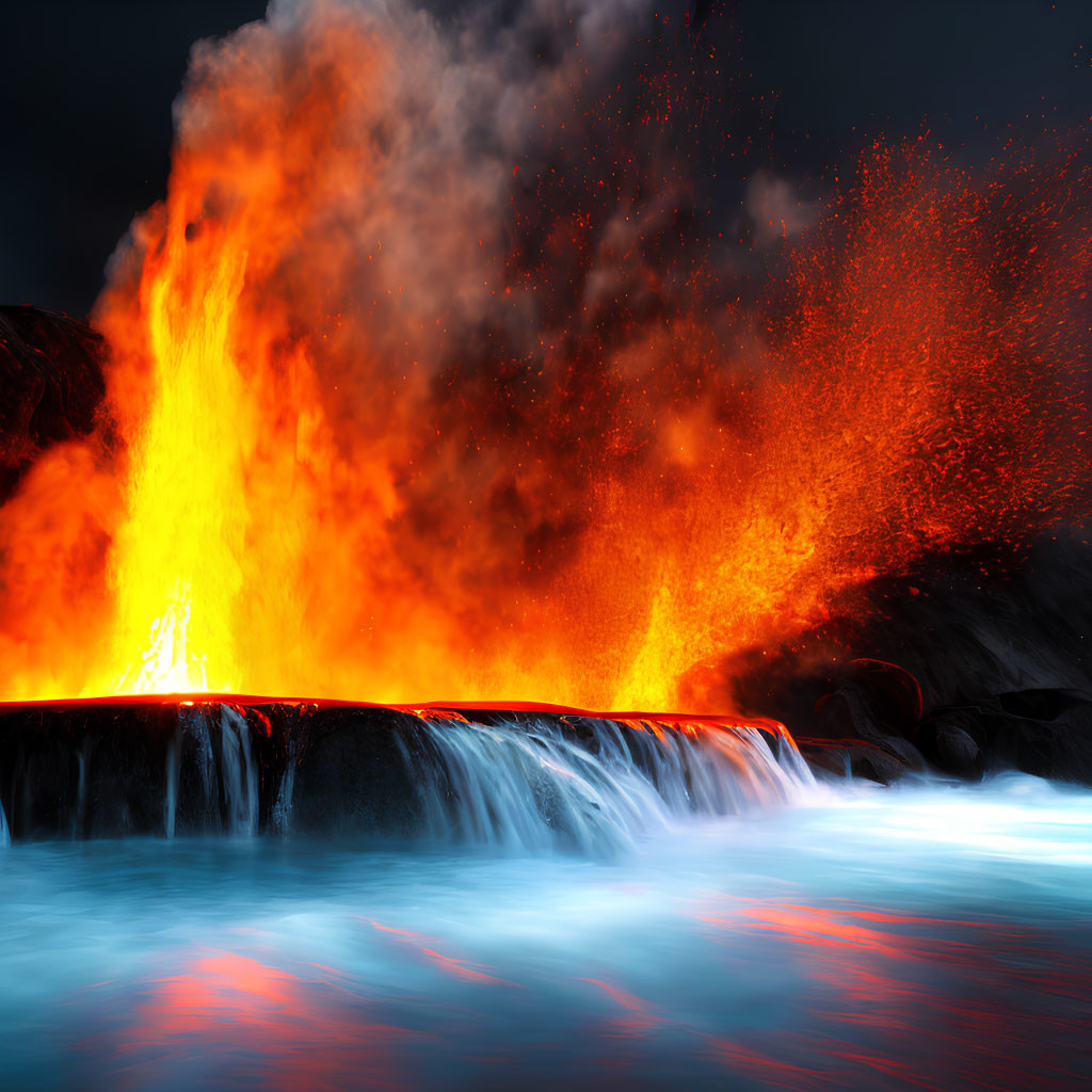 Volcanic eruption with lava and blue waterfall contrast