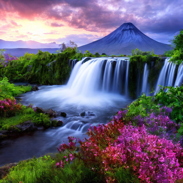 Tranquil waterfall with vibrant flora, mountain, and sunset sky