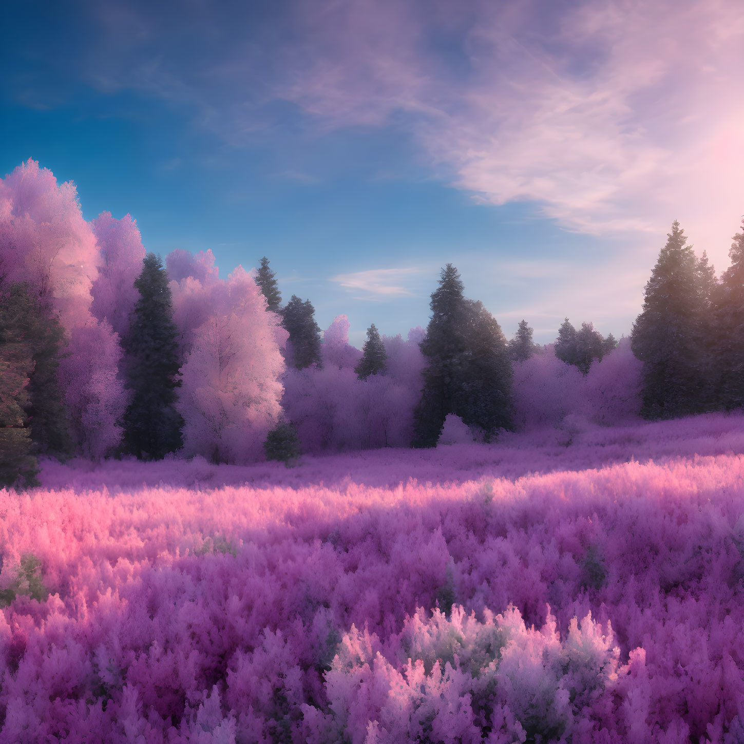 Vivid pink and purple flora under a soft blue sky landscape