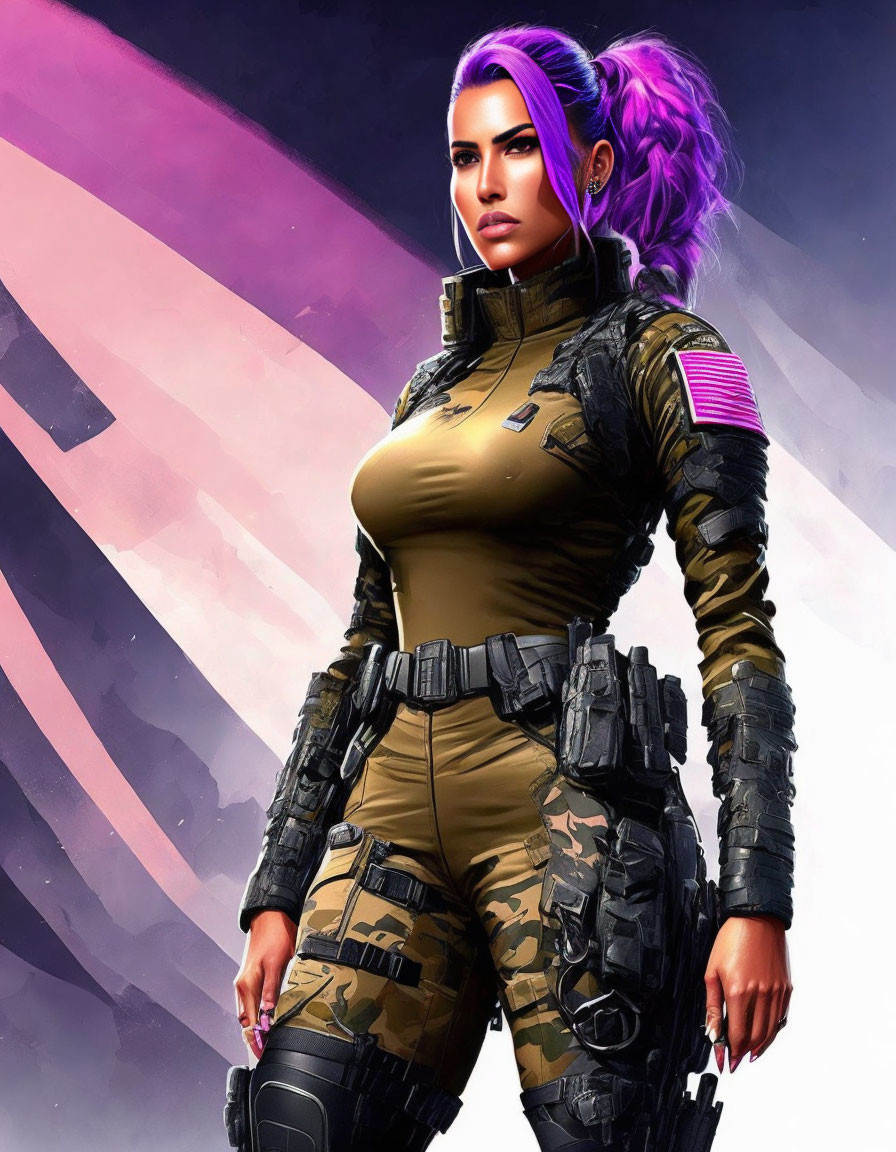 Purple-haired female in futuristic military attire with US flag patch on vibrant background