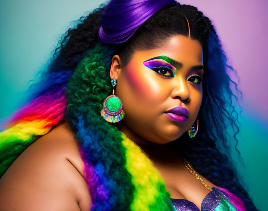 Colorful Woman with Vibrant Rainbow Makeup and Hair on Colorful Background