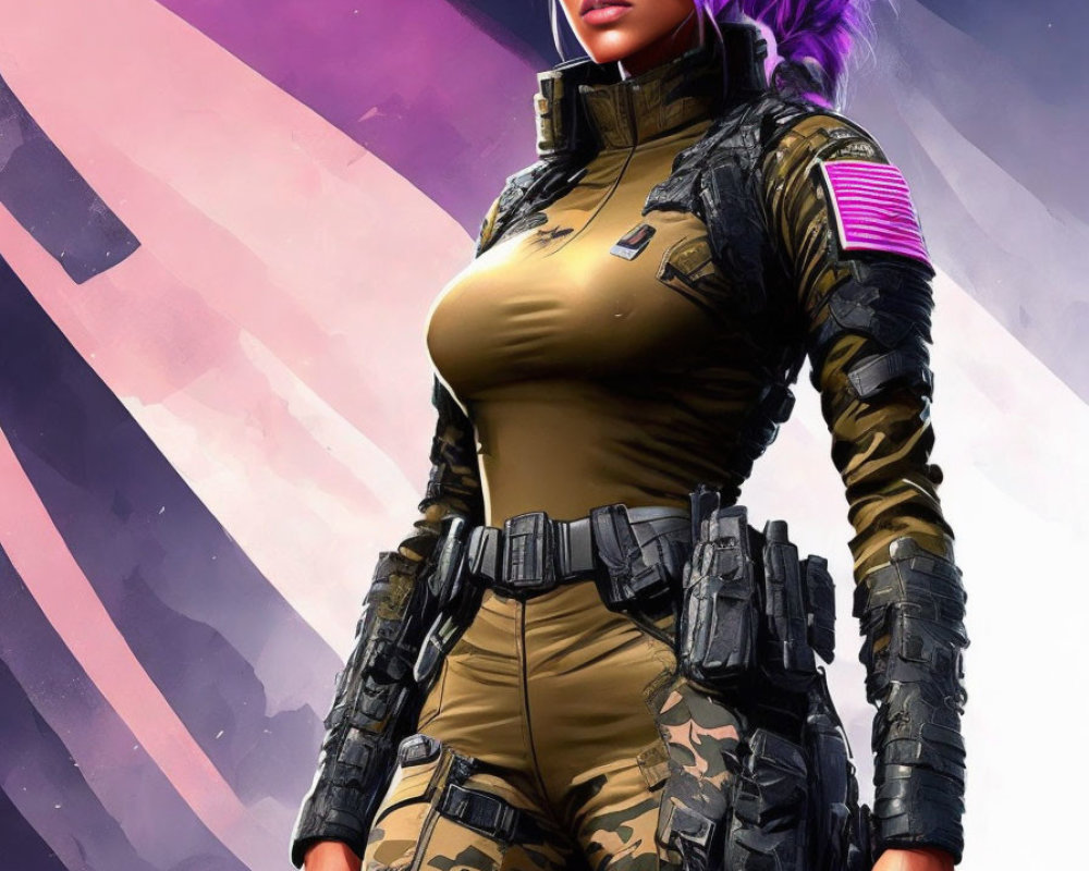 Purple-haired female in futuristic military attire with US flag patch on vibrant background