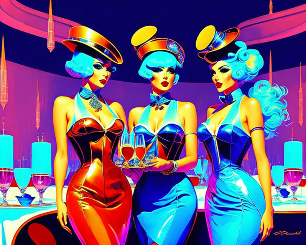 Colorful Futuristic Fashion: Stylized Women Serve Drinks in Retro Bar