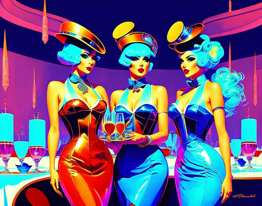 Colorful Futuristic Fashion: Stylized Women Serve Drinks in Retro Bar