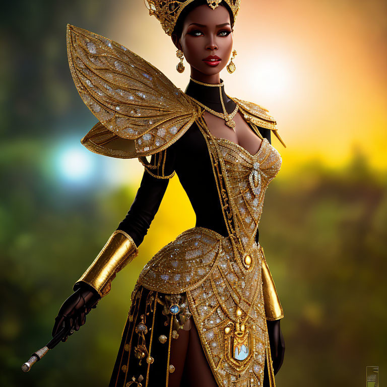 Digital Artwork: Woman with Golden Wings and Jewelry in Black and Gold Costume