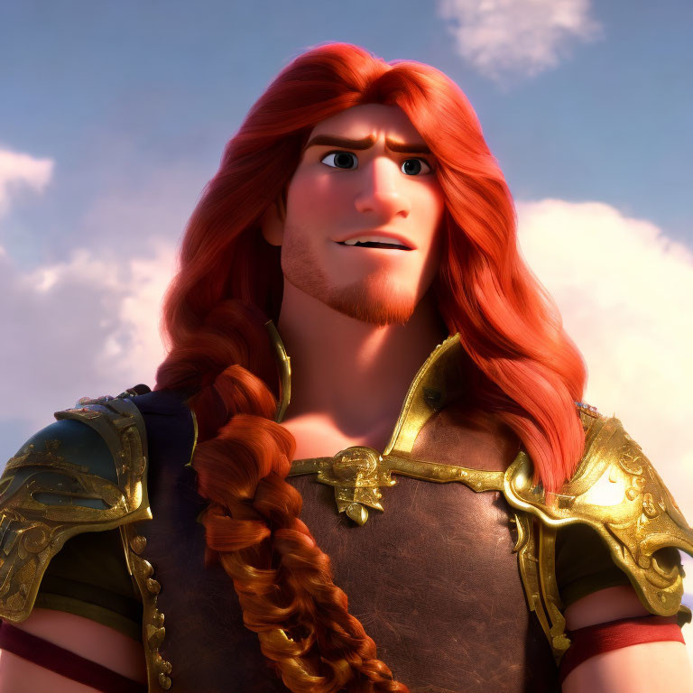 Male 3D animated character with long red braided hair in golden armor on cloudy sky backdrop