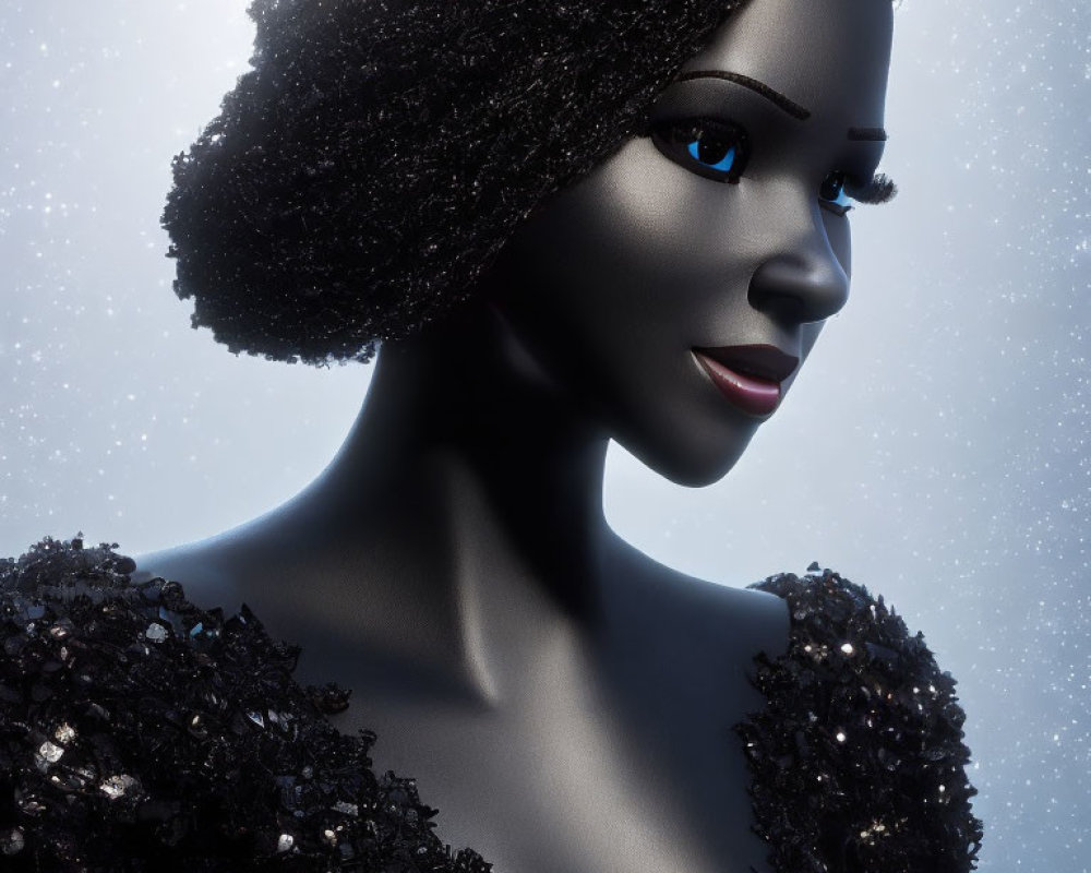 Dark-skinned woman in sequined dress with blue eyes and black hair in 3D rendering