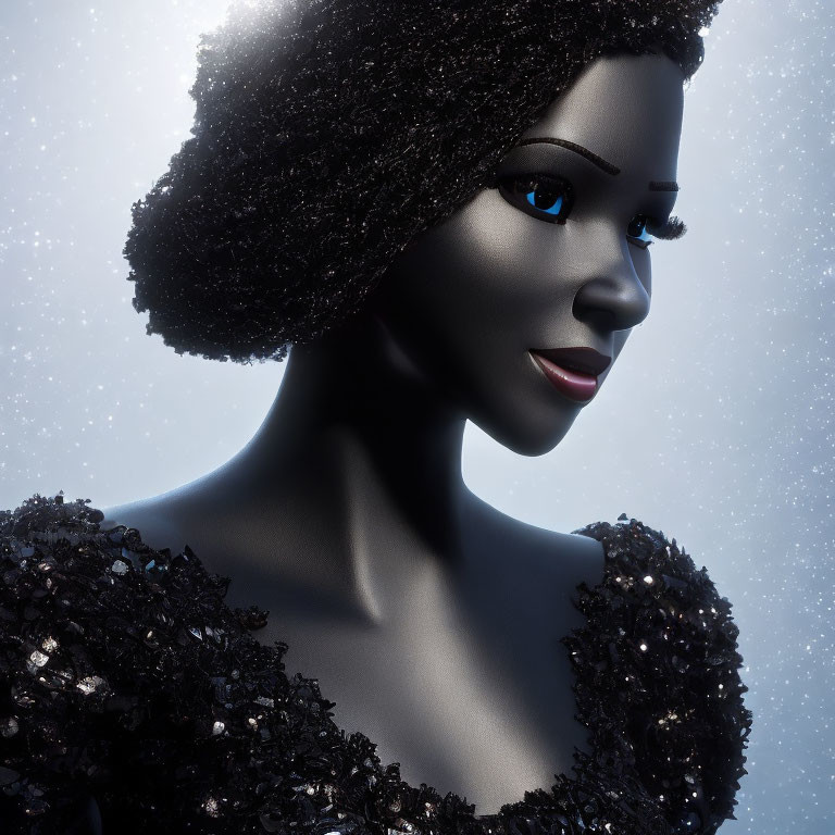 Dark-skinned woman in sequined dress with blue eyes and black hair in 3D rendering