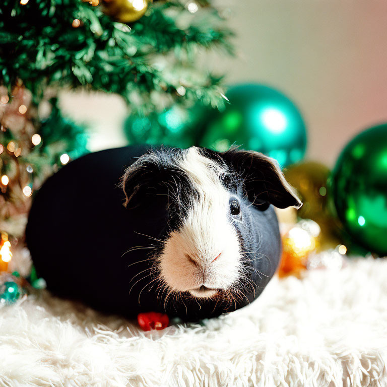 Black and White Guinea Pig under Christmas Tree with Ornaments and Lights