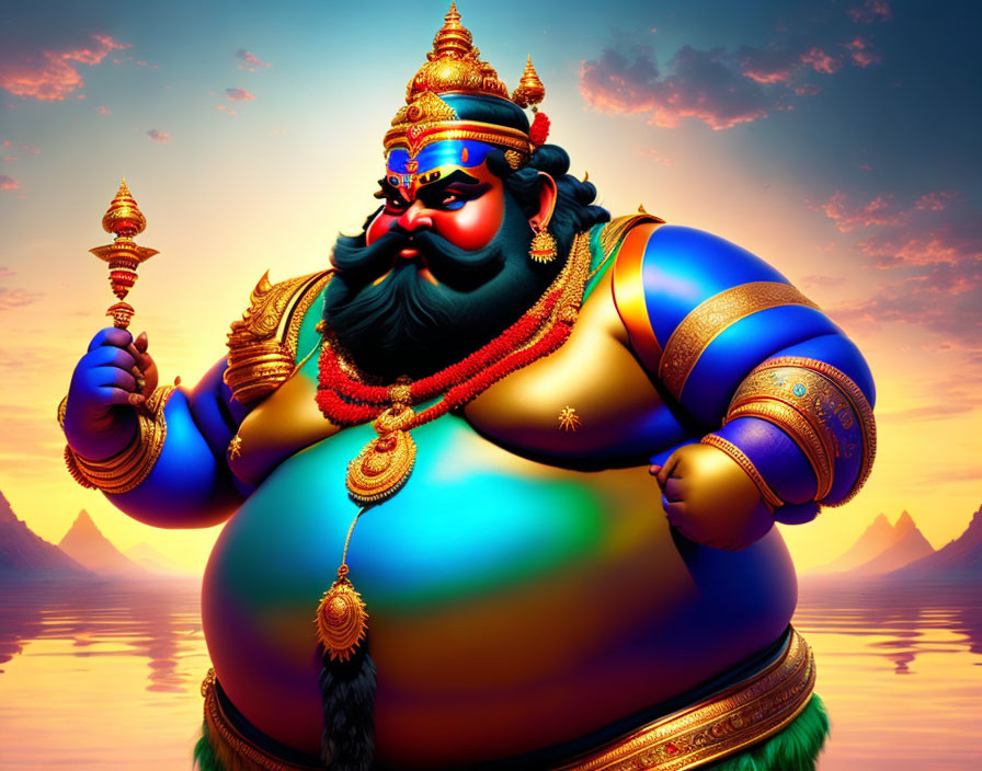 Blue-skinned character with gold and red adornments holding a scepter against twilight sky and mountain backdrop