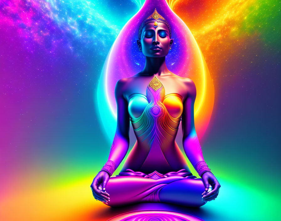 Colorful digital artwork: Meditative figure with flowing chakra colors