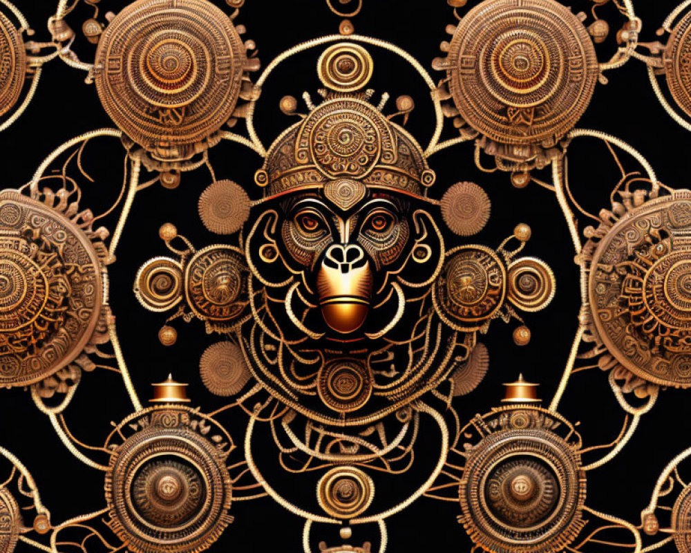 Symmetrical steampunk monkey face illustration on black background