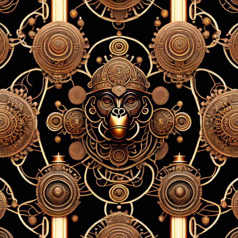 Symmetrical steampunk monkey face illustration on black background