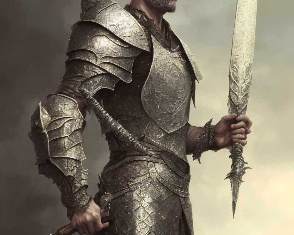 Bearded warrior in ornate armor with sword under brooding sky