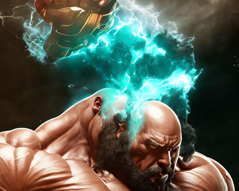 Muscular, Bearded Figure Clenches Glowing Lightning Fist