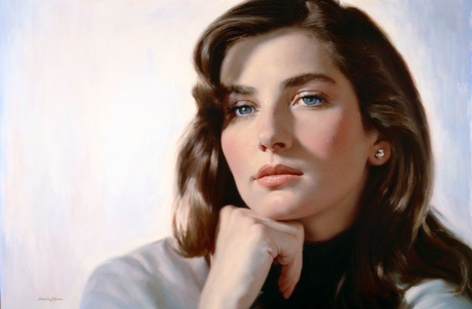 Portrait of woman with brown hair, blue eyes, white shirt, thoughtful gaze