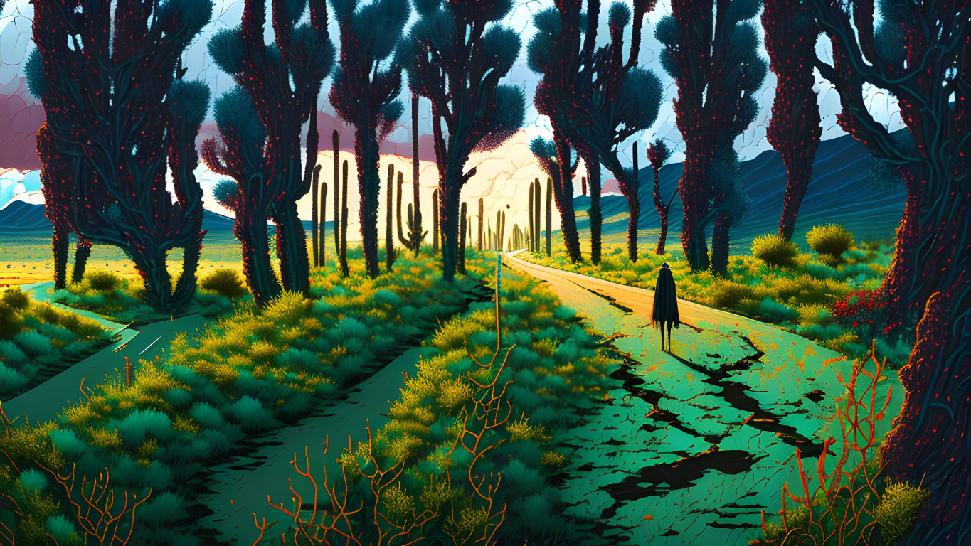 Person walking on path in fantastical forest with towering trees at twilight
