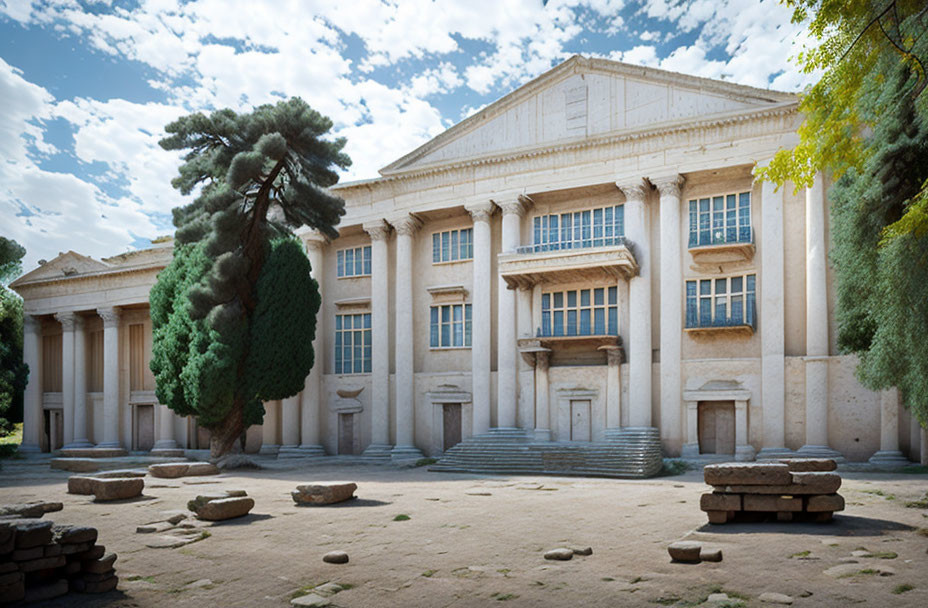 Neoclassical building with columns and trees under cloudy sky