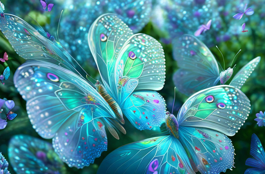 Blue butterflies with intricate wing patterns among green foliage
