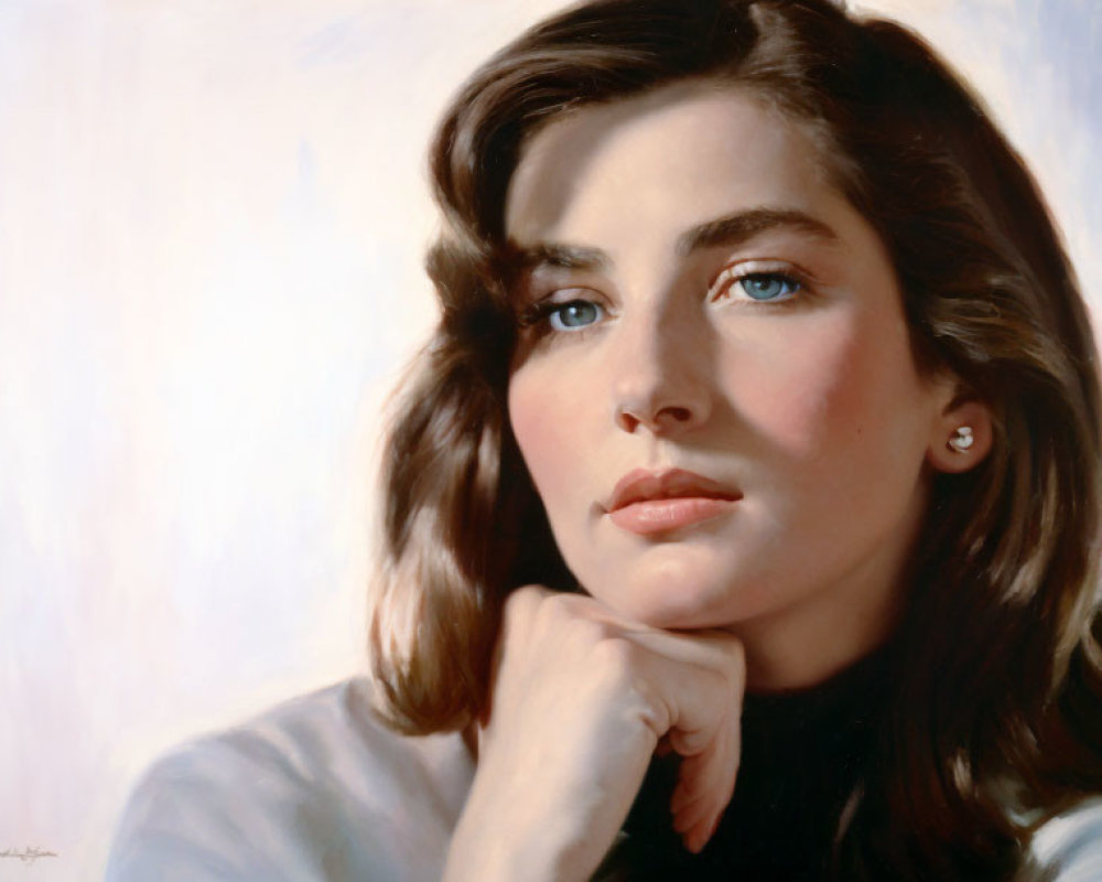 Portrait of woman with brown hair, blue eyes, white shirt, thoughtful gaze