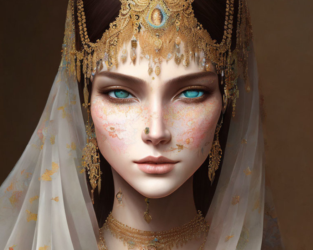 Digital artwork featuring woman with striking blue eyes and ornate gold jewelry, headdress, and butterfly-pattern