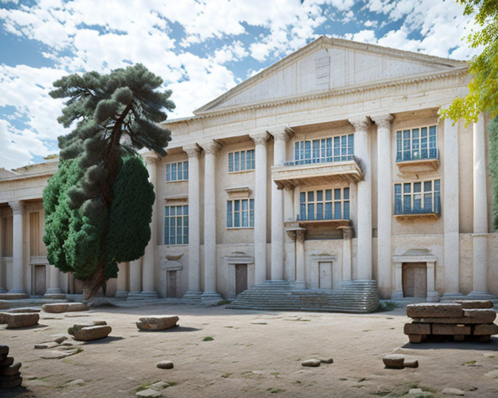Neoclassical building with columns and trees under cloudy sky
