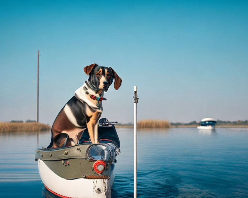 Dog sitting on boat bow in calm lake with clear skies and distant boat.