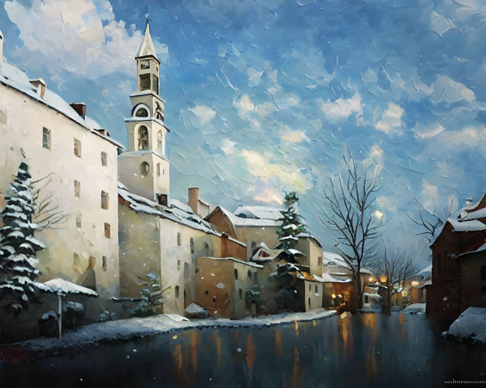 Snow-covered buildings by calm river in serene winter scene