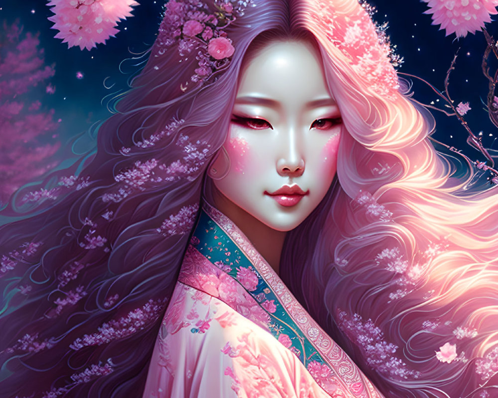 Woman with Long Flowing Hair Surrounded by Cherry Blossoms and Starry Night Sky