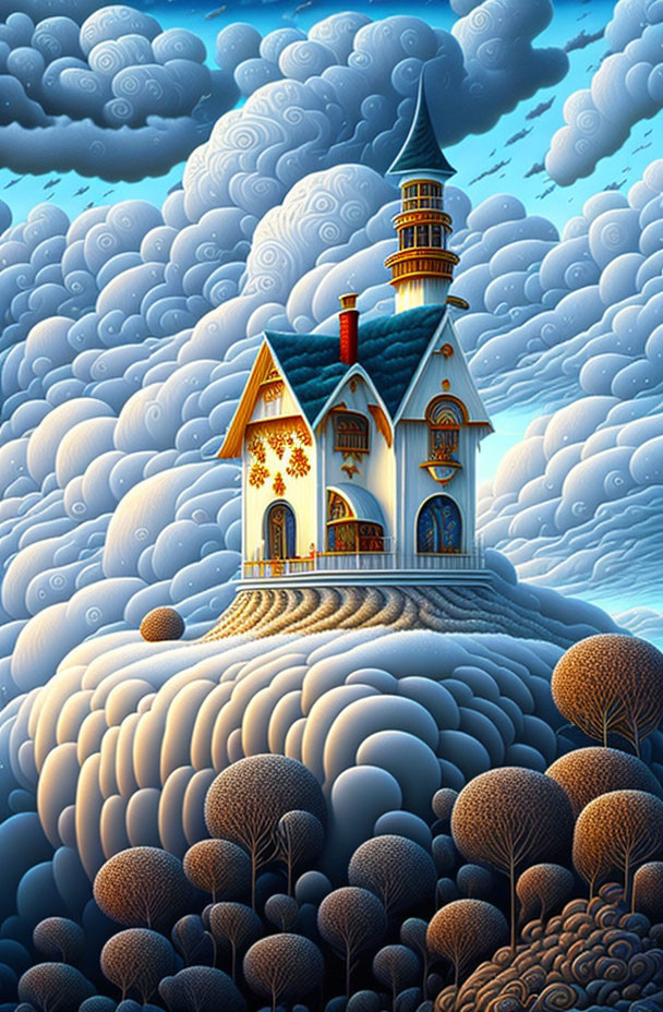 Detailed whimsical house illustration with tall spire and fluffy clouds.