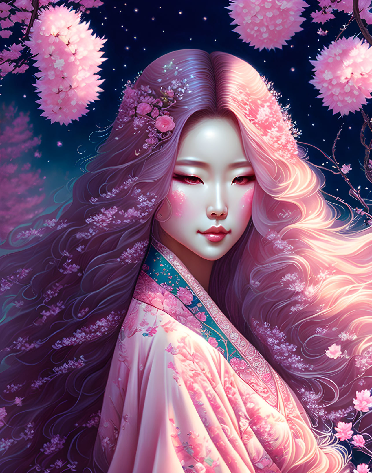 Woman with Long Flowing Hair Surrounded by Cherry Blossoms and Starry Night Sky