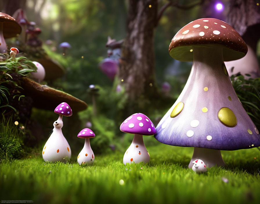 Colorful fantasy mushrooms in magical forest scene