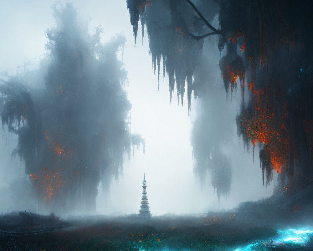 Mystical foggy forest with glowing blue flora and a distant pagoda