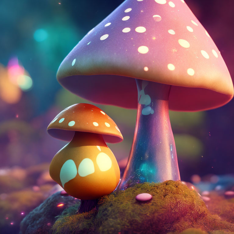 Stylized fantasy mushrooms on mossy ground with glowing dots under colorful backdrop