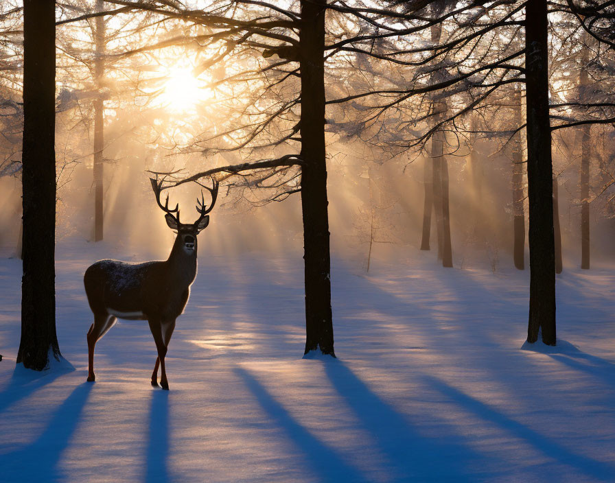 Snowy forest scene: Deer in sunlight with long shadows