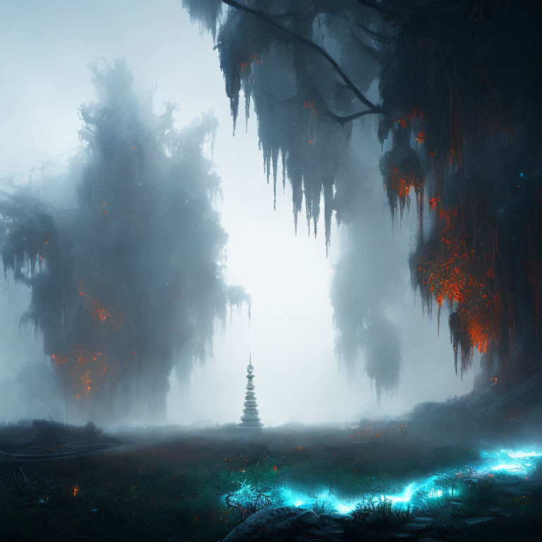 Mystical foggy forest with glowing blue flora and a distant pagoda