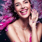 Joyful woman surrounded by pink petals and water drops, wearing diamond necklace.